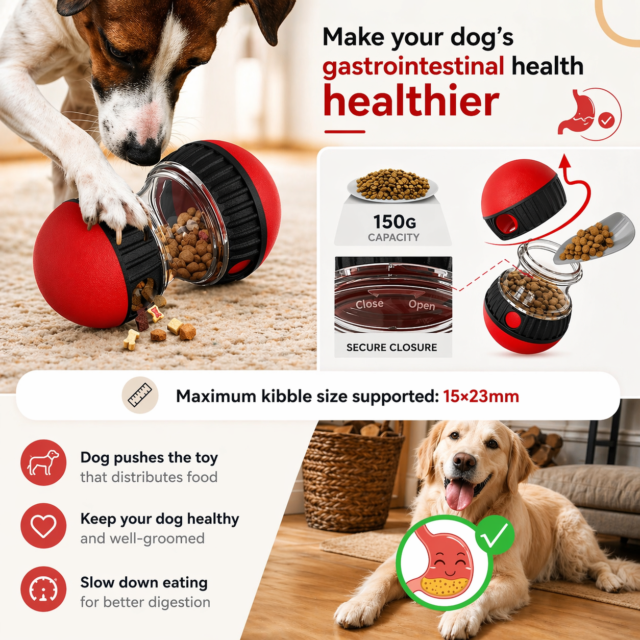 Balle distributrice de friandises intelligente pour chien – Jouet interactif et gamelle anti-glouton