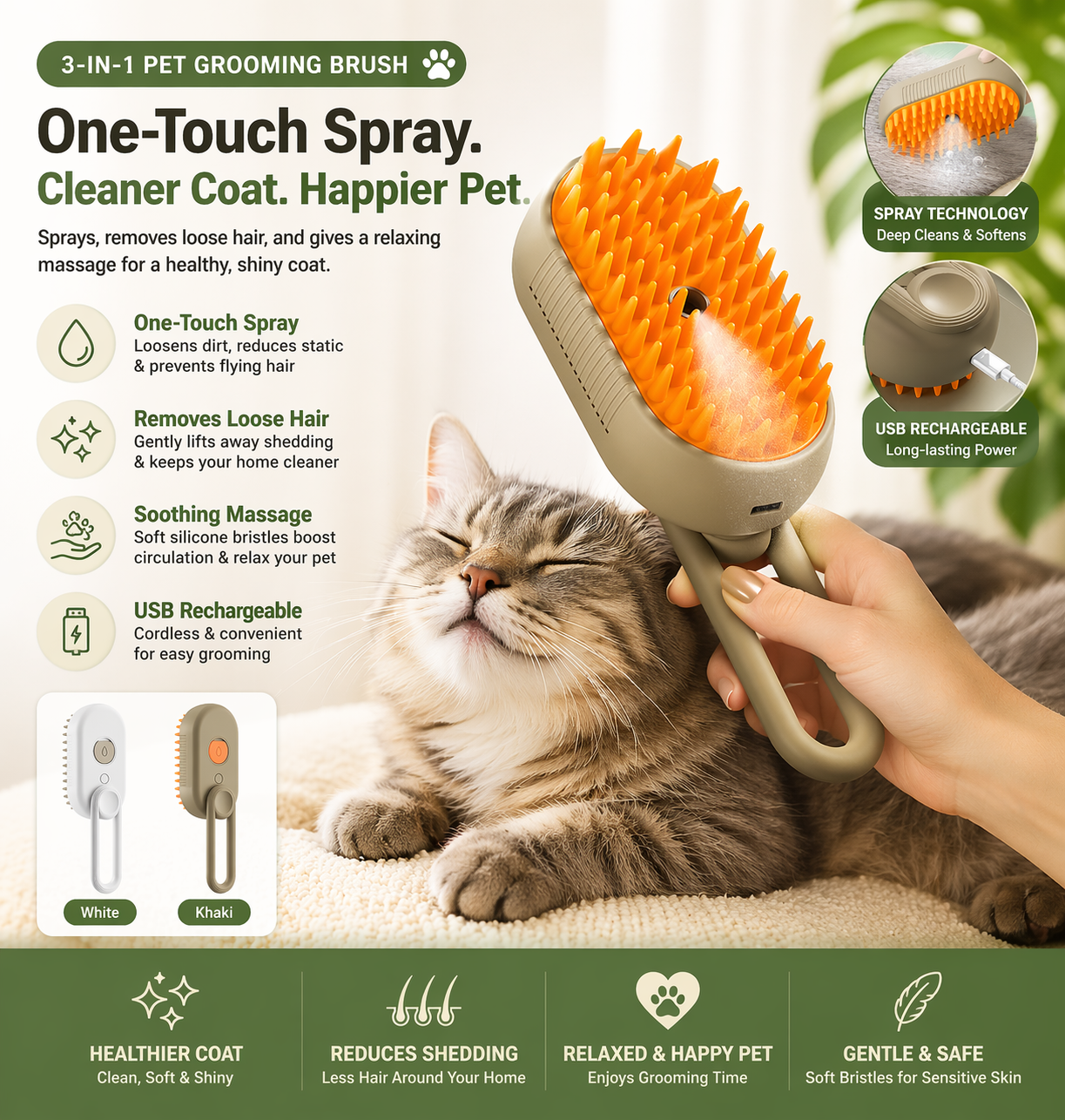 3-in-1 Steam Pet Grooming Brush | Cat & Dog Hair Remover