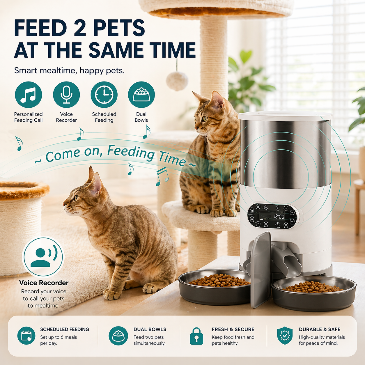 Distributeur automatique intelligent pour animaux – Alimentation de précision à double gamelle