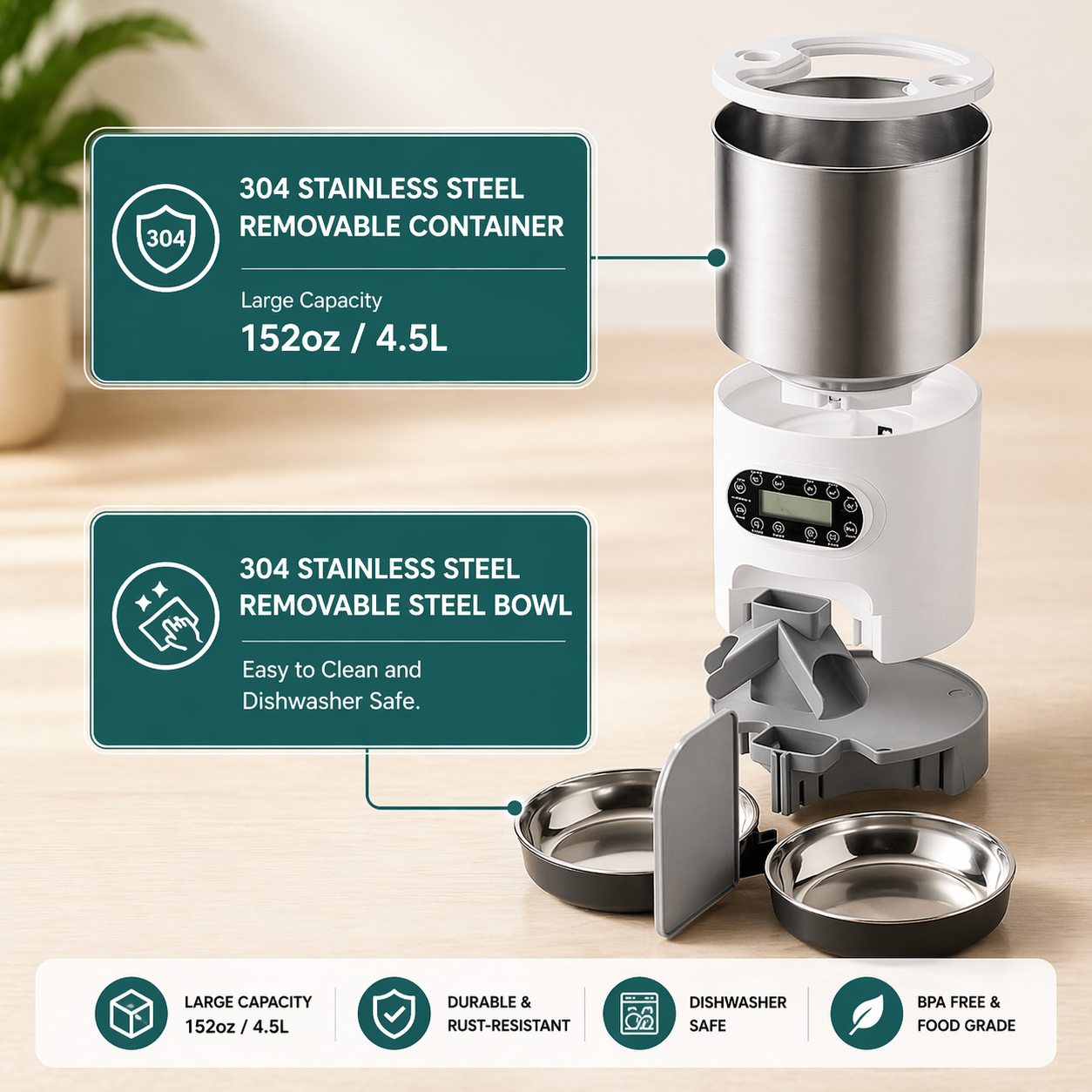 Distributeur automatique intelligent pour animaux – Alimentation de précision à double gamelle