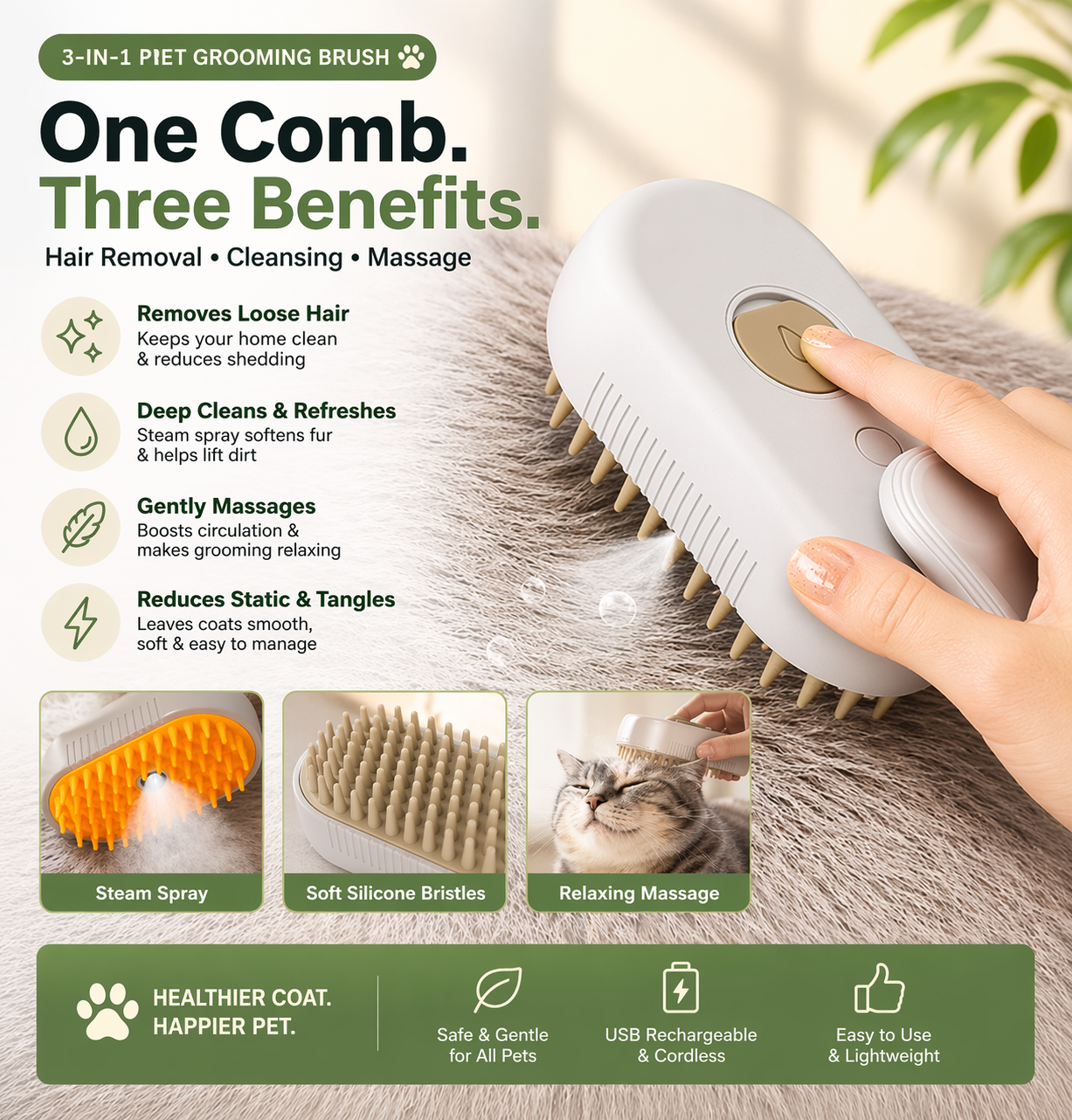 3-in-1 Steam Pet Grooming Brush | Cat & Dog Hair Remover