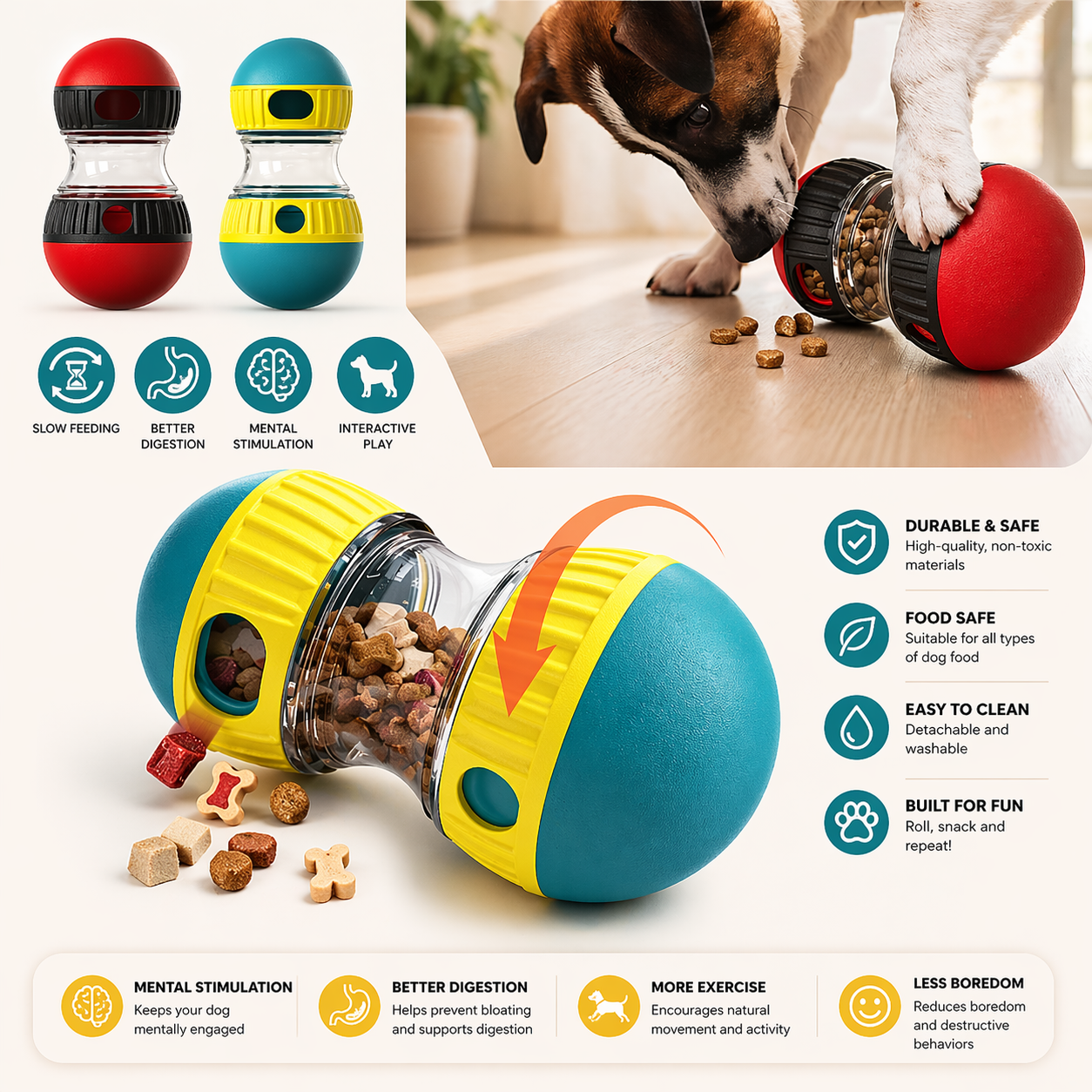 Balle distributrice de friandises intelligente pour chien – Jouet interactif et gamelle anti-glouton