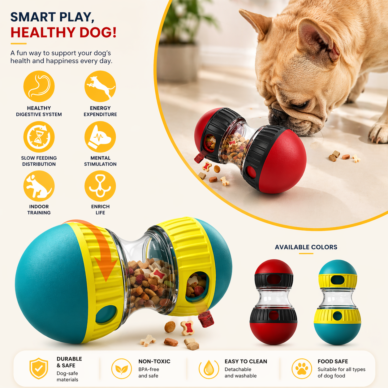 Balle distributrice de friandises intelligente pour chien – Jouet interactif et gamelle anti-glouton