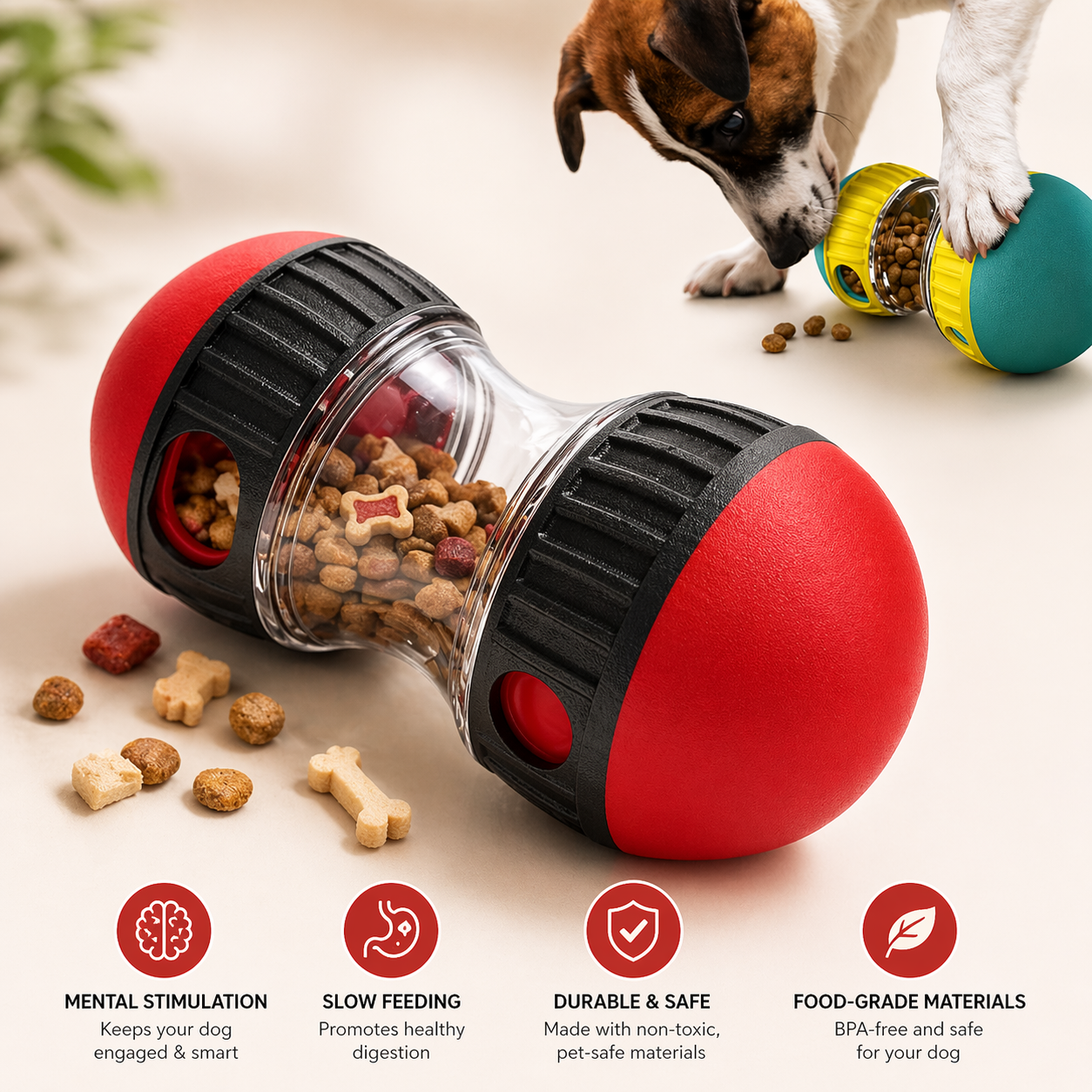 Balle distributrice de friandises intelligente pour chien – Jouet interactif et gamelle anti-glouton