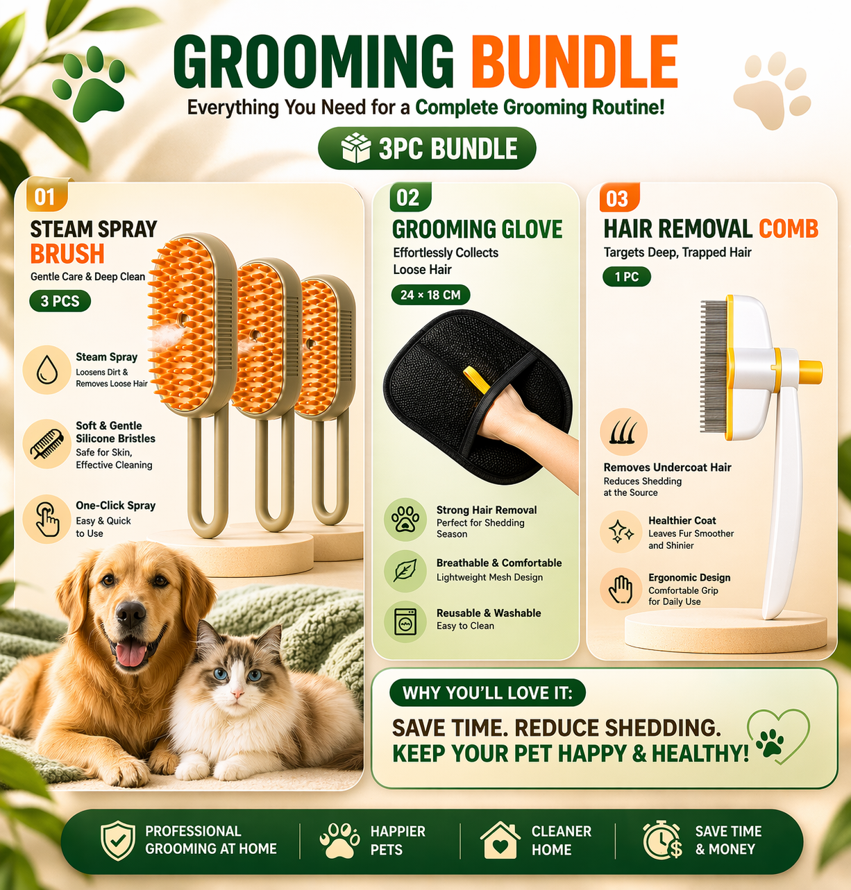 3-in-1 Steam Pet Grooming Brush | Cat & Dog Hair Remover
